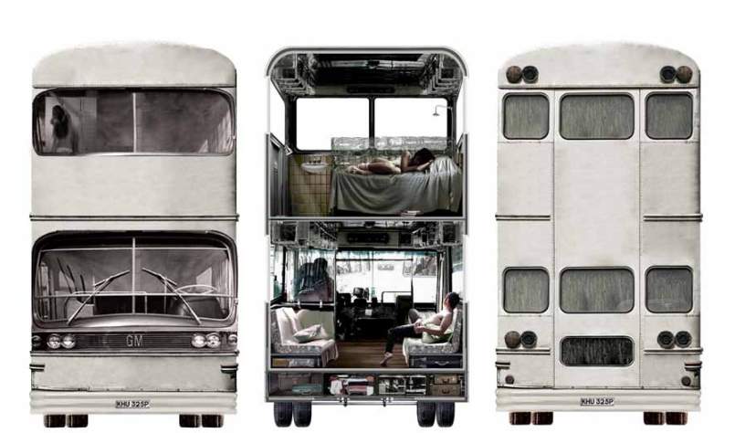 An existing 2 levels bus transformed to a moving Bed and Breakfast complex.